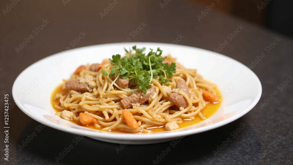 Delicious Spaghetti with Meat and Vegetables in a Savory Sauce Delicious Spaghetti with Meat and Vegetables in a Savory Sauce