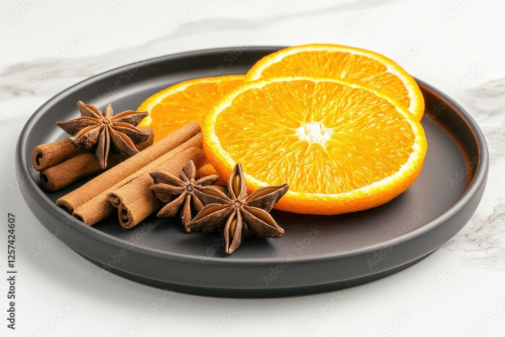 Freshly Sliced Orange on Dark Plate with Cinnamon Sticks and Star Anise Decor Freshly Sliced Orange on Dark Plate with Cinnamon Sticks and Star Anise Decor