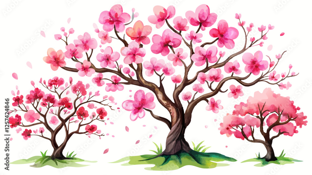 Fototapeta premium Watercolor of blooming pink sakura trees Watercolor sakura tree blooming with pink flowers. Spring treespng. Vector illustration.