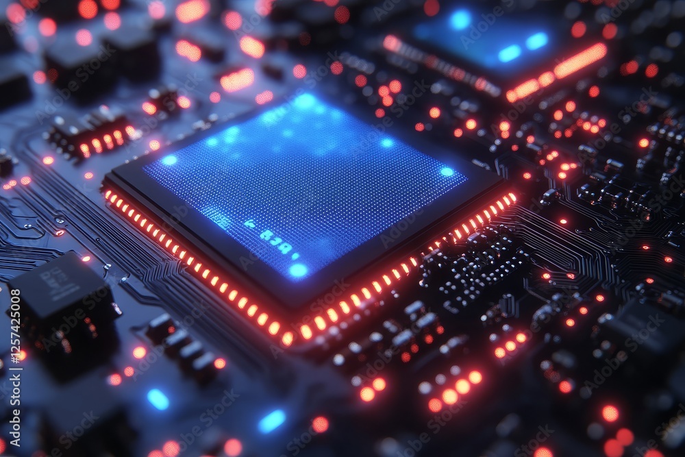 Blue glowing chips with circuits on a tech background, futuristic 3D rendering of microprocessor and technology concept. Blue glowing chips with circuits on a tech background, futuristic 3D rendering of microprocessor and technology concept.