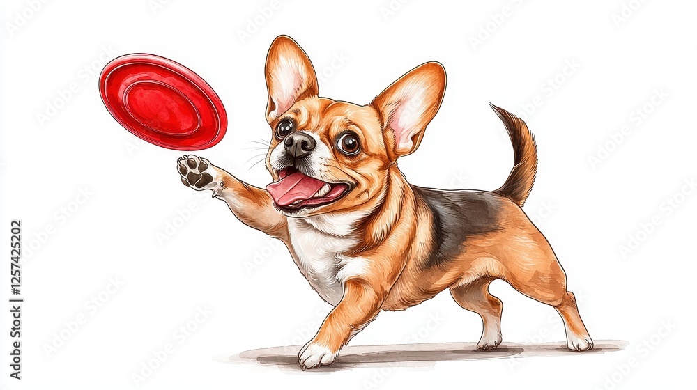 Obraz premium A cheerful dog happily plays with a red frisbee, showcasing its playful personality and enthusiasm for outdoor activities.