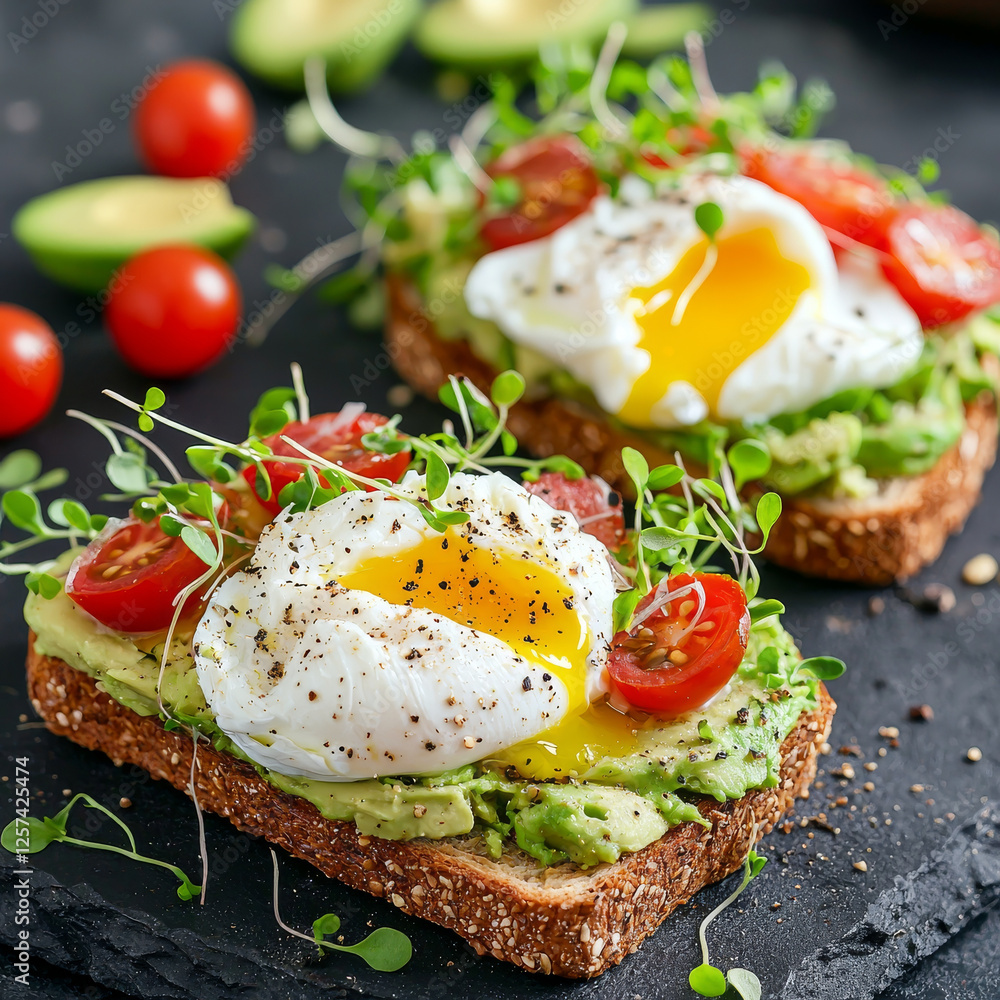Avocado toast topped with poached egg, cherry tomatoes, and sprouts on a dark surface -ai Avocado toast topped with poached egg, cherry tomatoes, and sprouts on a dark surface -ai