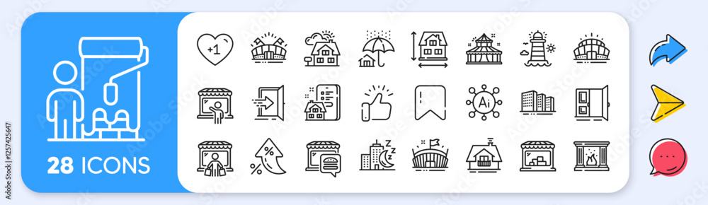 Balcony, Arena stadium and Home insurance line icons. Interest rate, AI generate, Inflation icons. Pack of Realtor, Food market, Entrance icon. Vector Balcony, Arena stadium and Home insurance line icons. Interest rate, AI generate, Inflation icons. Pack of Realtor, Food market, Entrance icon. Vector
