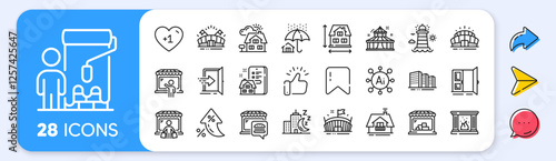 Balcony, Arena stadium and Home insurance line icons. Interest rate, AI generate, Inflation icons. Pack of Realtor, Food market, Entrance icon. Vector