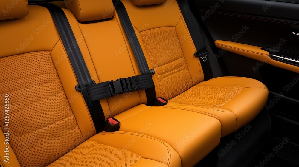 Fototapeta premium Seat belt and safety innovation, A stylish car interior featuring orange leather seats, designed for comfort and safety with seat belts securely in place.