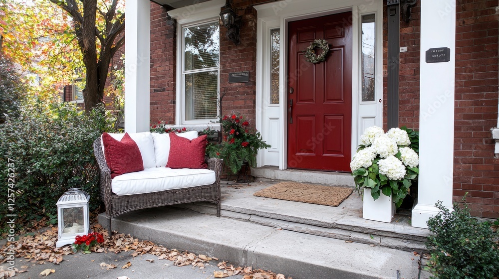 Fototapeta premium Autumnal porch decor, red door, white hydrangeas, brick house, cozy seating