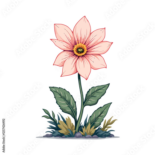 Vsai pink dahlia flower growing in grass and rocks illustration