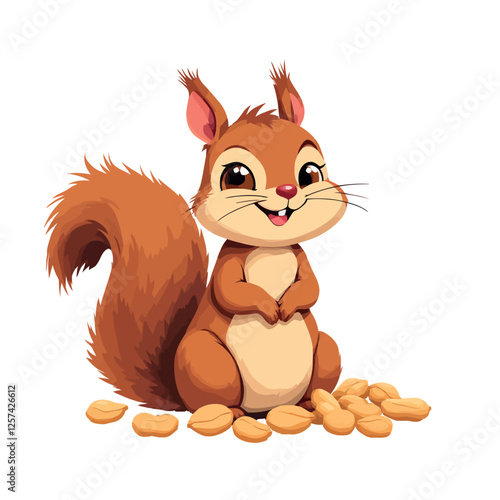 Vsai cute squirrel holding paws and smiling near peanuts