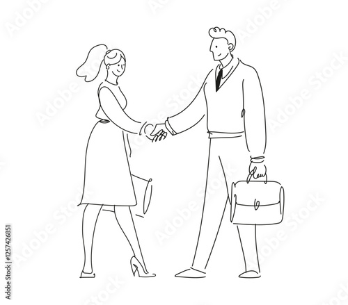 Businessmen shaking hands line illustration, man and woman made business deal, negotiation concept, contract conclusion, successful cooperation, teamwork. Vector.