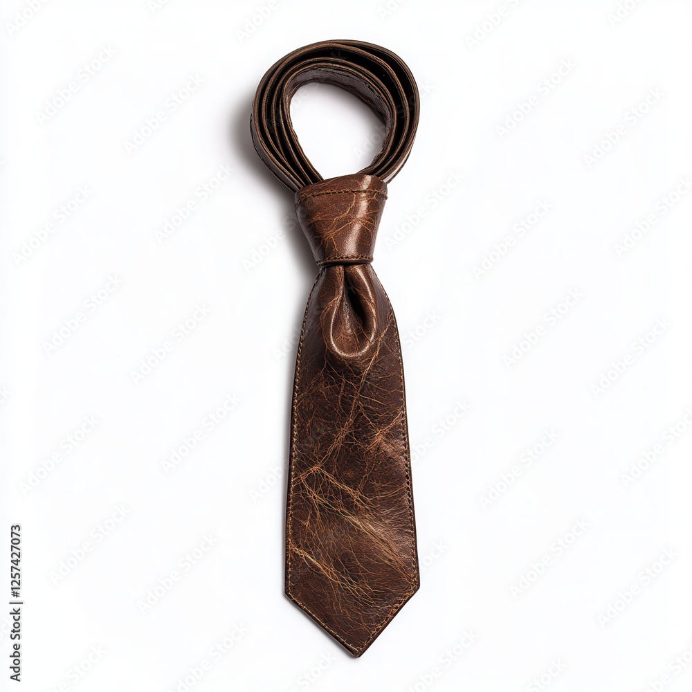 Brown leather necktie, knotted, white background Brown leather necktie, knotted, white background