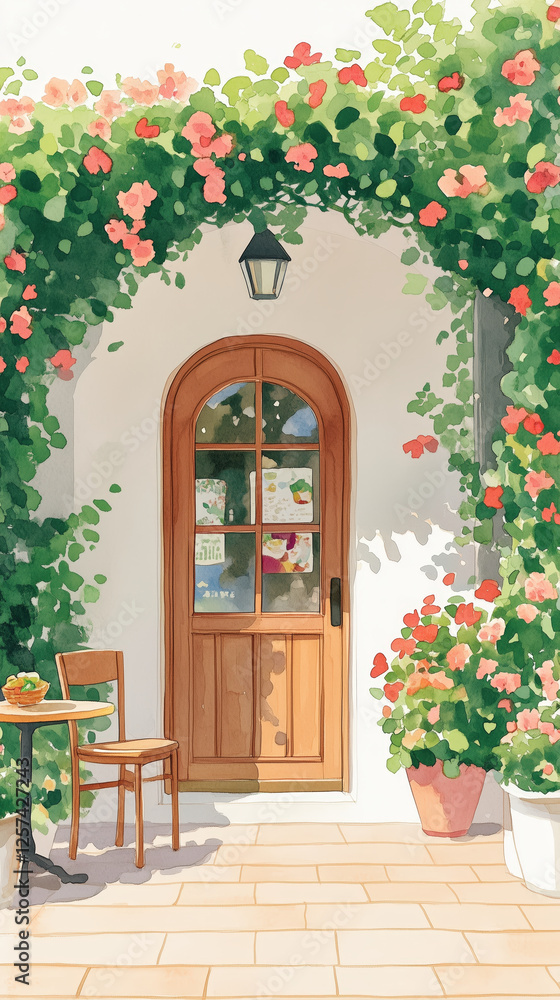 Fototapeta premium charming entrance with wooden door and vibrant flowers