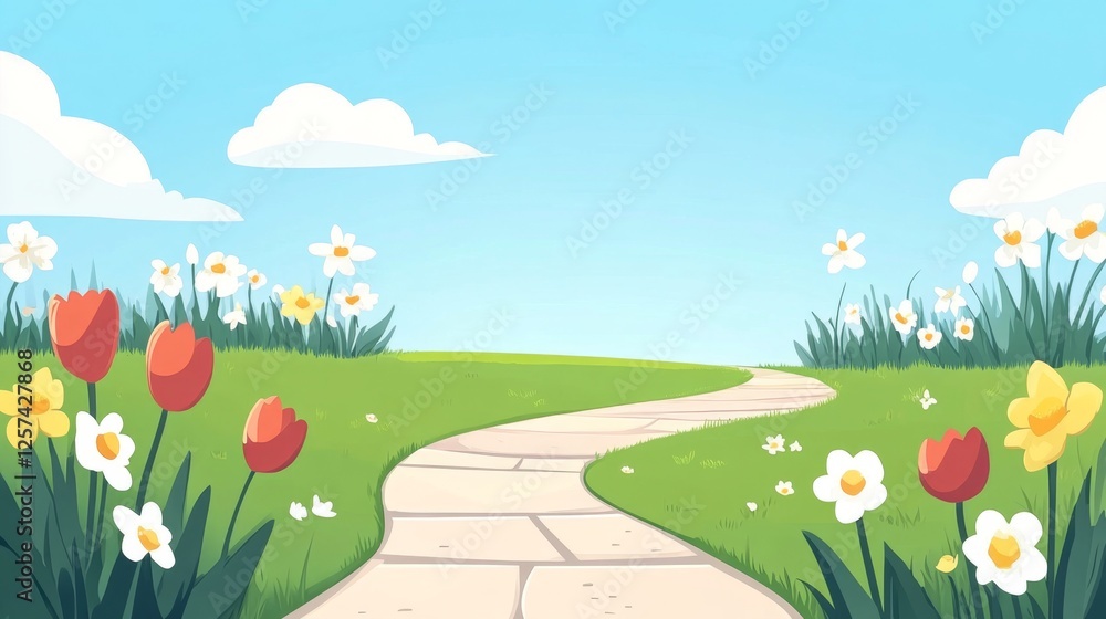 Fototapeta premium Serene Springtime Path Winding Through a Flowery Meadow under a Blue Sky with Fluffy Clouds Daffodils and Tulips Bloom Abundantly