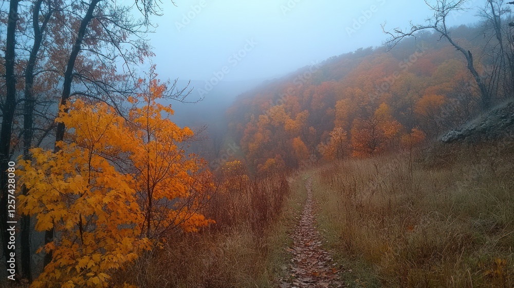 Autumn trail descends into misty valley, fall foliage Autumn trail descends into misty valley, fall foliage