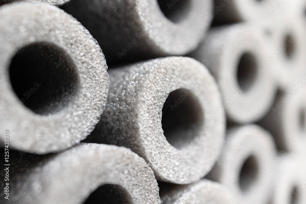 Close up view of polyethylene foam pipe insulation . Industrial background