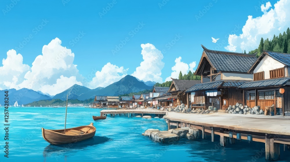 Obraz premium Tranquil Asian Lakeside Village Summer Scene Boats Wooden Houses Mountains Blue Sky