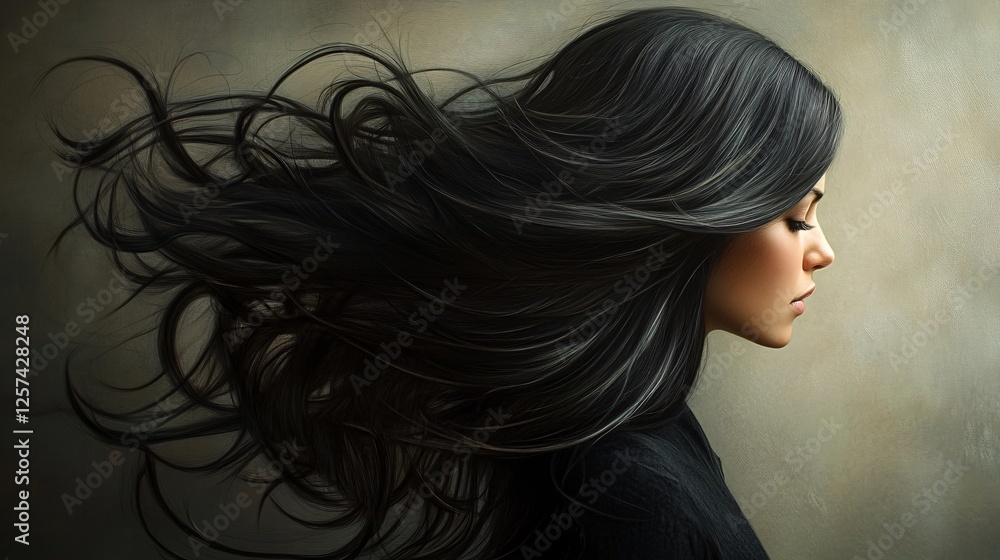 Naklejka premium Woman with Long Flowing Black Hair Profile