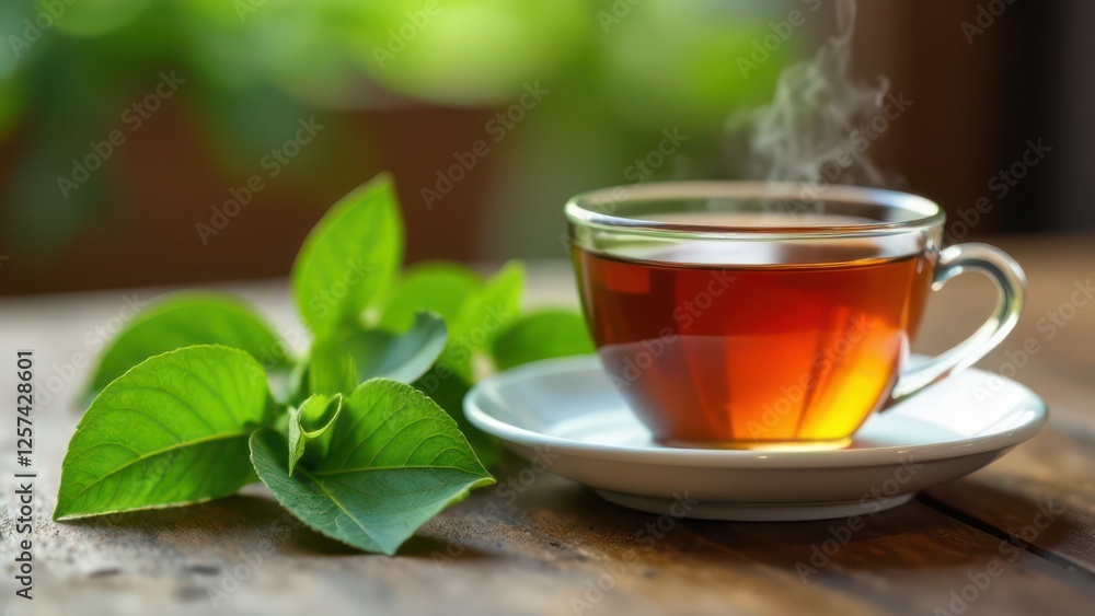 Steaming cup of tea with fresh green tea leaves on wooden table Steaming cup of tea with fresh green tea leaves on wooden table