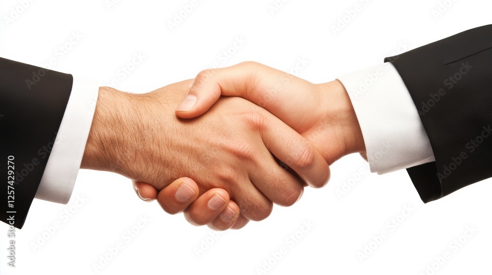 Close-Up of Two Hands Shaking in Business Agreement on White Background Close-Up of Two Hands Shaking in Business Agreement on White Background