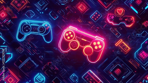 A colorful gaming-inspired abstract design with pixelated textures, glowing controllers, and digital icons