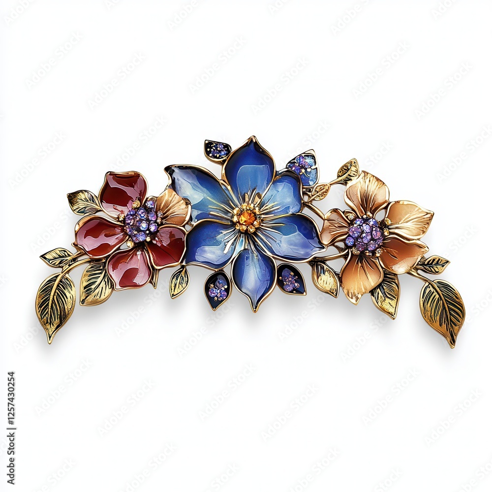 Naklejka premium Enamel flower brooch, jewelry, white background, studio shot, fashion accessory