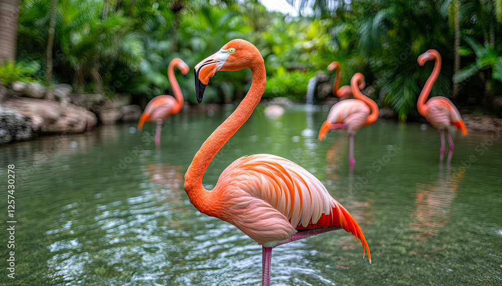 Fototapeta premium A vibrant scene featuring flamingos wading in a serene water setting, surrounded by lush greenery and a tranquil atmosphere.