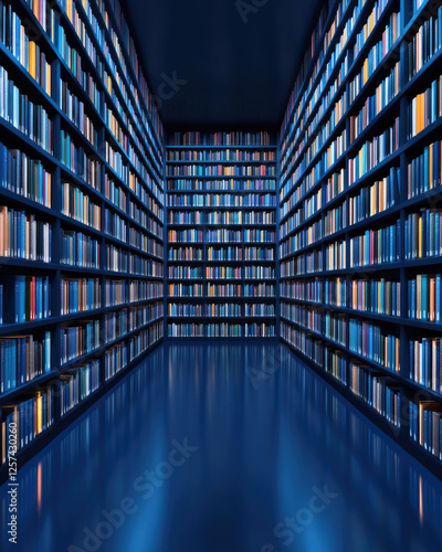 A serene library filled with neatly arranged blue bookshelves and books, creating a tranquil and organized reading environment.