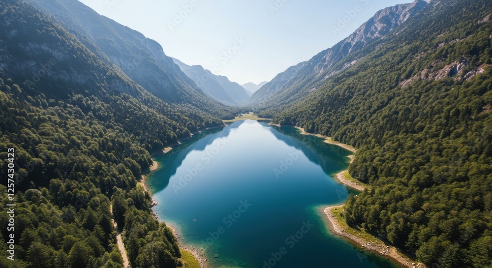Tranquil mountain lake with lush green forest and majestic peaks under clear skies Tranquil mountain lake with lush green forest and majestic peaks under clear skies