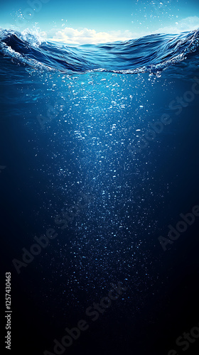 Ocean surface, bubbles rising, underwater scene, background sunlight