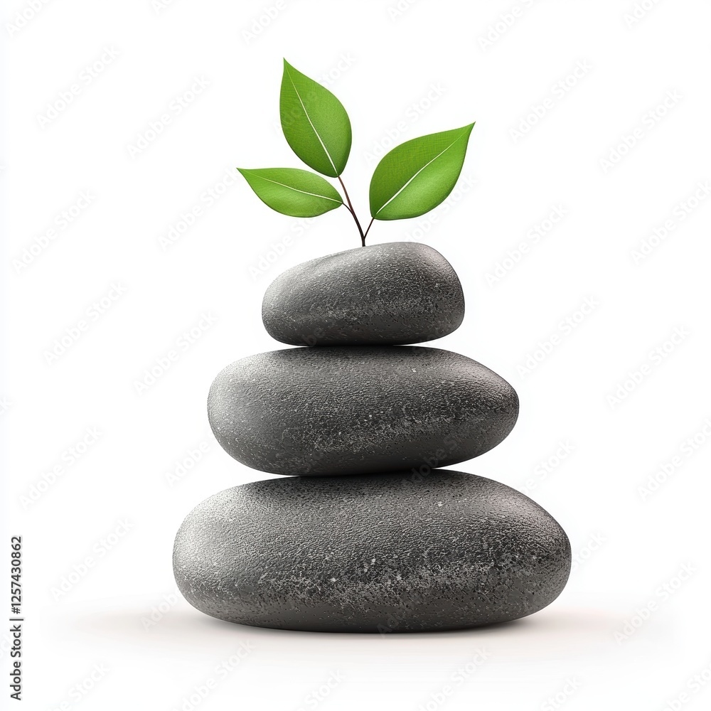 balanced stack of smooth zen stones with a small green leaf on top, isolated on white. balanced stack of smooth zen stones with a small green leaf on top, isolated on white.