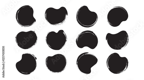 Brush paint shape, ink stain, organic irregular blob charcoal texture, black crayon round form, rough spot hand drawn, chalk scribble icon isolated on white background. Rough vector illustration