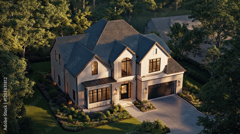 Suburban house, golden hour, tree backdrop, real estate listing Suburban house, golden hour, tree backdrop, real estate listing