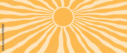 Sun ray background, summer retro pattern, radial wavy, light burst. Abstract groovy sunshine poster. Cartoon wave beam print. Vintage boho yellow banner. Cute vector illustration