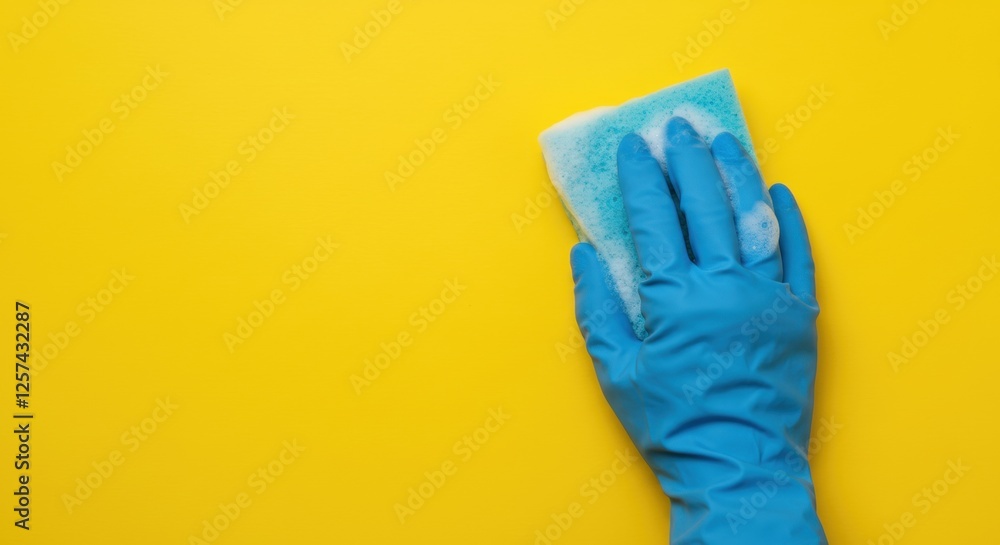 Hand in blue glove cleaning with sponge on vibrant yellow background Hand in blue glove cleaning with sponge on vibrant yellow background