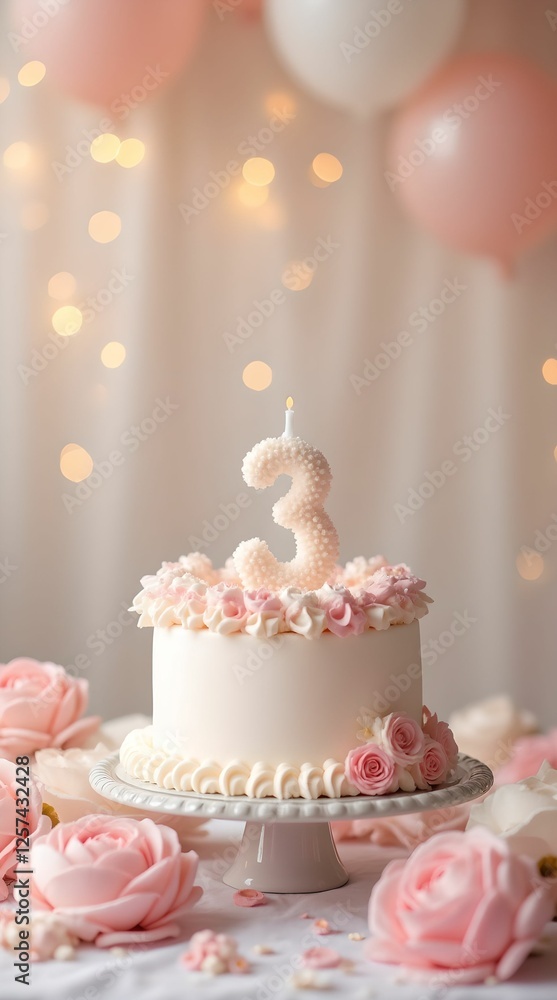 Cake with number 3. Third birthday of a child with a beautiful pink cake surrounded by flowers and decorations. Cake with number 3. Third birthday of a child with a beautiful pink cake surrounded by flowers and decorations.