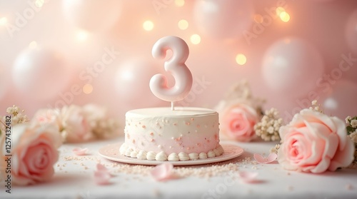 Cake with number 3. Third birthday of a child with a beautiful pink cake surrounded by flowers and decorations.