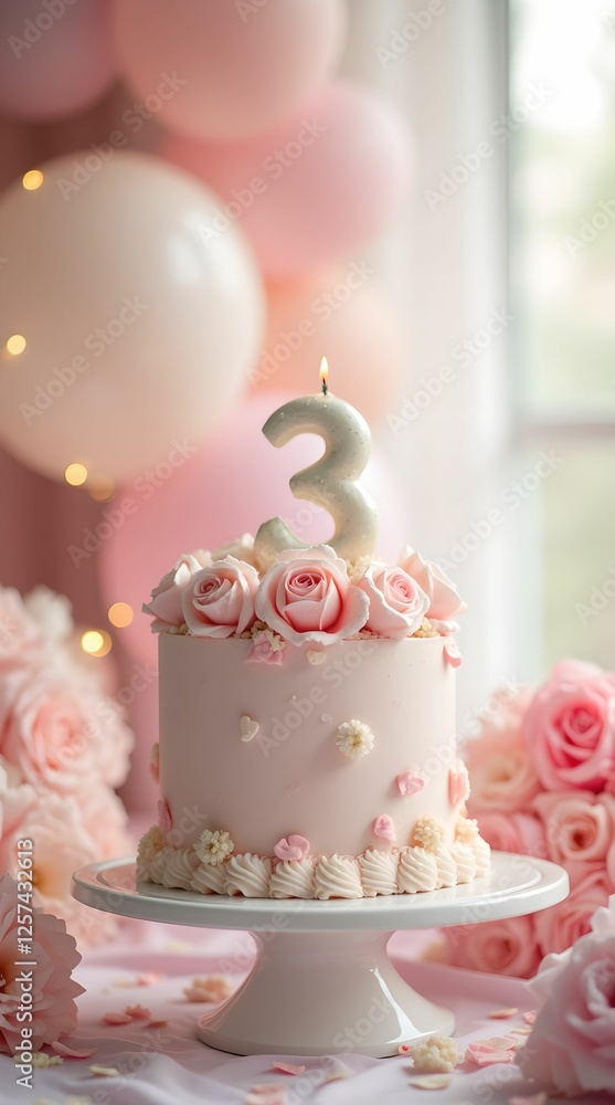 Cake with number 3. Third birthday of a child with a beautiful pink cake surrounded by flowers and decorations. Cake with number 3. Third birthday of a child with a beautiful pink cake surrounded by flowers and decorations.