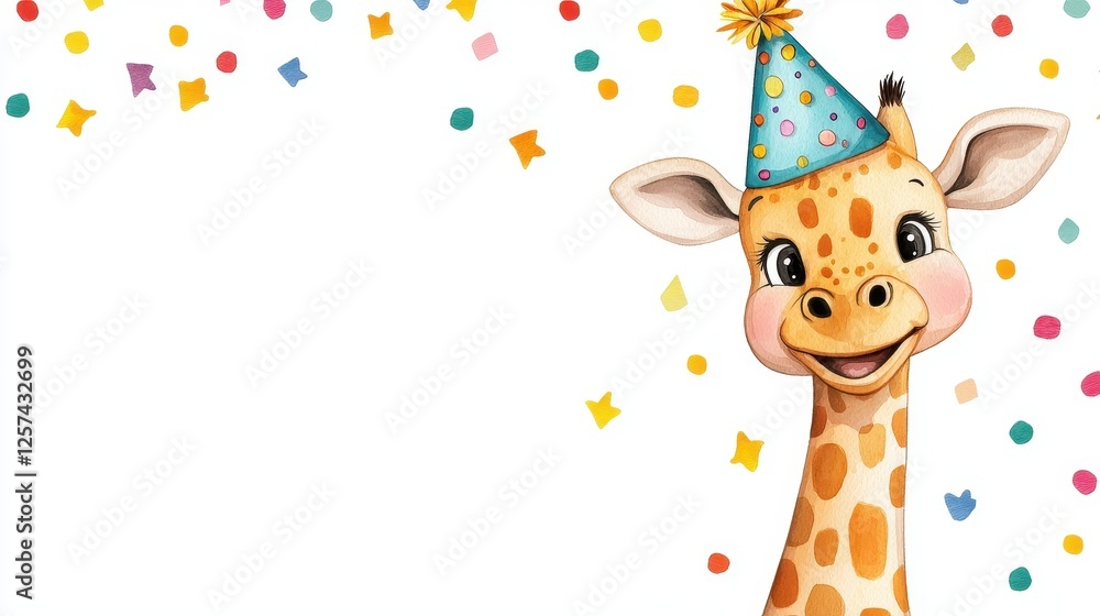 Fototapeta premium A cheerful giraffe wearing a party hat smiles amidst colorful confetti, perfect for a birthday celebration theme.