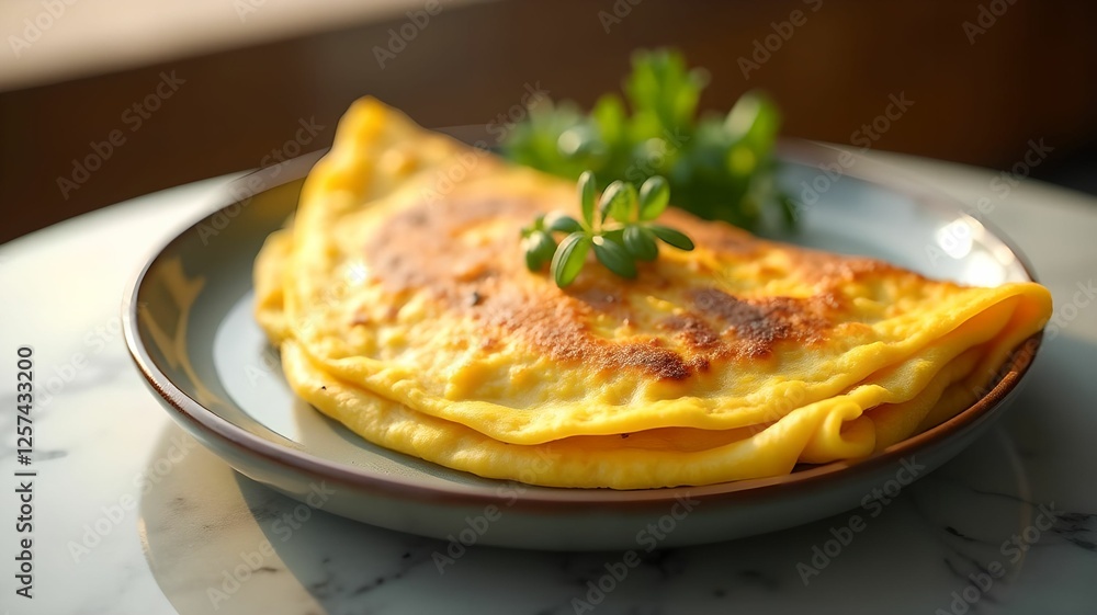 Fluffy omelette served on a plate with fresh herbs for added flavor Fluffy omelette served on a plate with fresh herbs for added flavor
