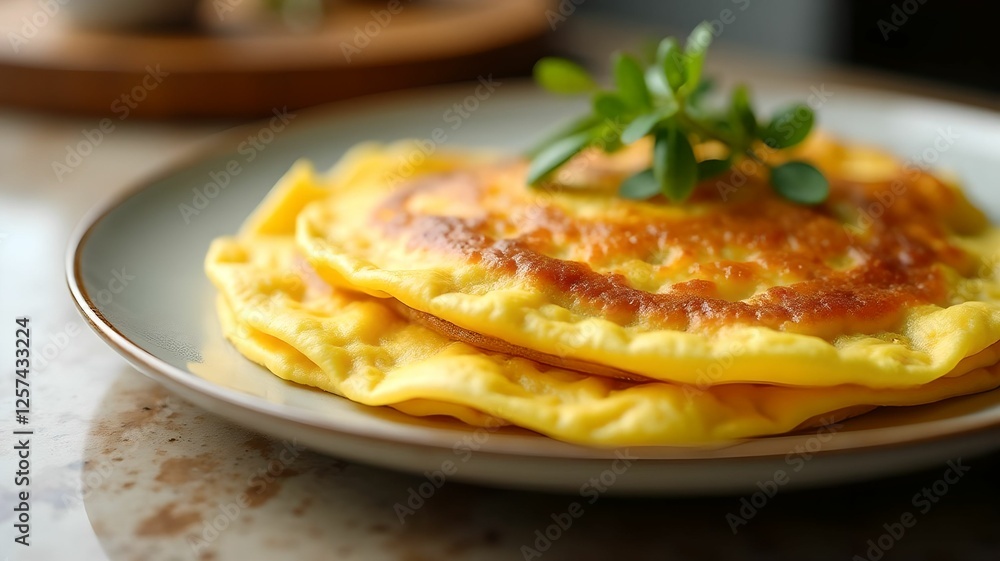 Fluffy omelette served on a plate with fresh herbs for added flavor Fluffy omelette served on a plate with fresh herbs for added flavor