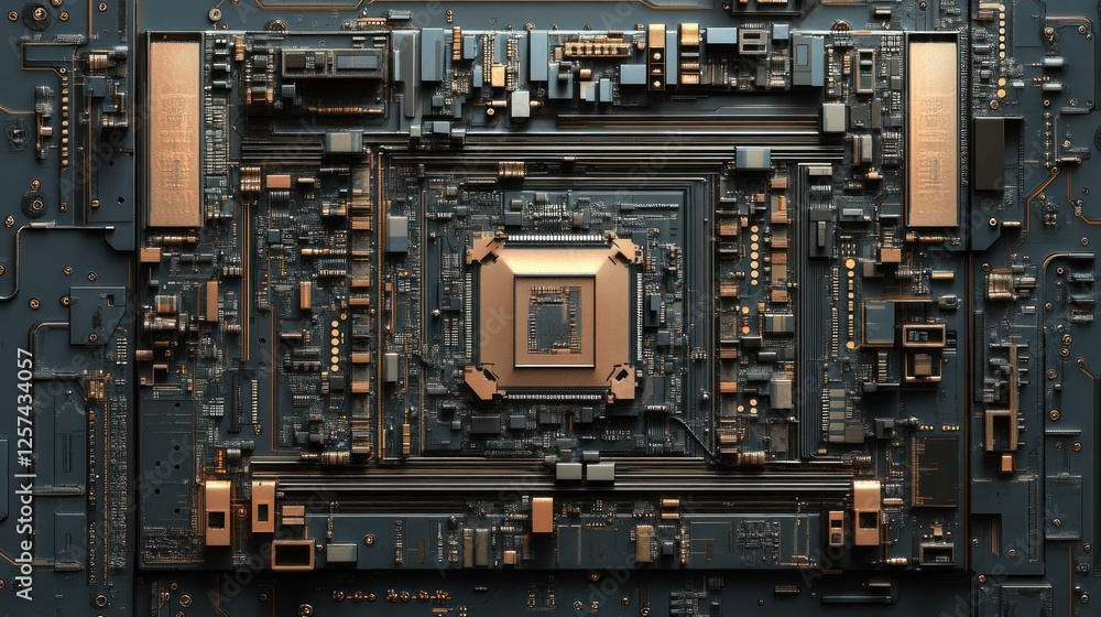 Close-up of a complex dark gray and copper circuit board with a central processor. Close-up of a complex dark gray and copper circuit board with a central processor.