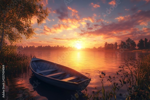 Fototapeta Naklejka Na Ścianę i Meble -  A captivating sunset illuminating a quiet fishing boat on a still lake the sky glowing with warm hues