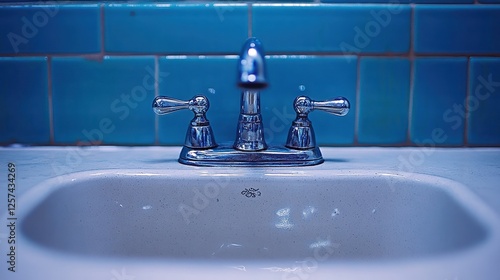 Close-up of a faucet dripping in a public restroom photo