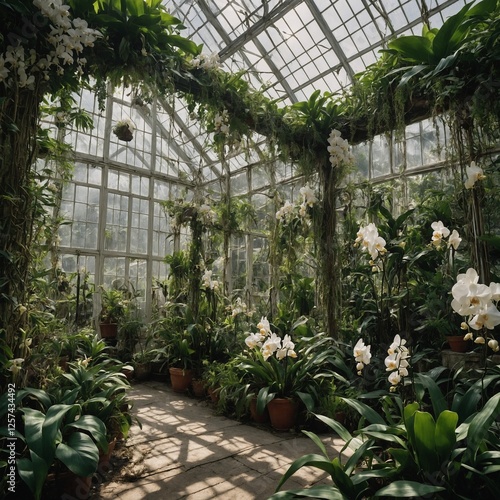 A lush greenhouse garden with white orchids and climbing vines.