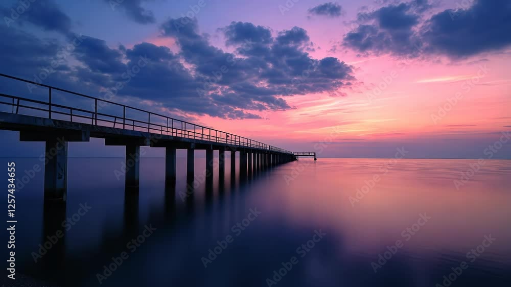 Tranquil Sunset View from Pier with Colorful Sky and Water Reflection Tranquil Sunset View from Pier with Colorful Sky and Water Reflection