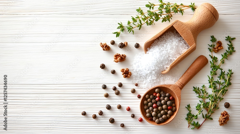 Fresh Herbs, Sea Salt, and Mixed Spices on White Wooden Background Fresh Herbs, Sea Salt, and Mixed Spices on White Wooden Background