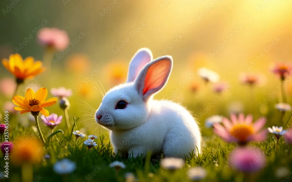 Obraz premium A small white rabbit lying on a meadow filled with colorful flowers, soft warm lighting, dreamy and cute, hyper-detailed