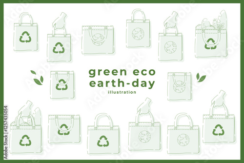 Hand drawn vector illustration of Earth day eco friendly reusable tote bag concept minimal outline doodle drawing element set. Save the earth, eco friendly. For web, banner, campaign, social media