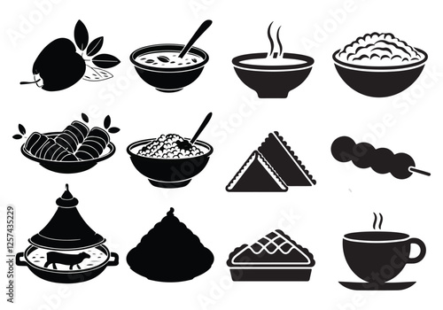 Food Icons Vector Bundle Bowls, Noodles, Fruits, and Delicious Dishes