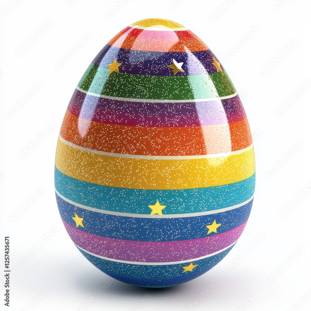 rainbow-striped Easter egg with tiny sparkling stars, isolated on white.