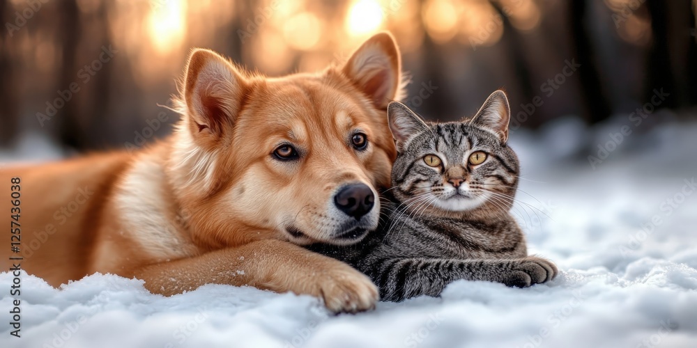 Fototapeta premium Cozy winter scene with fluffy golden dog and tabby cat snowy forest animal photography peaceful atmosphere close-up view